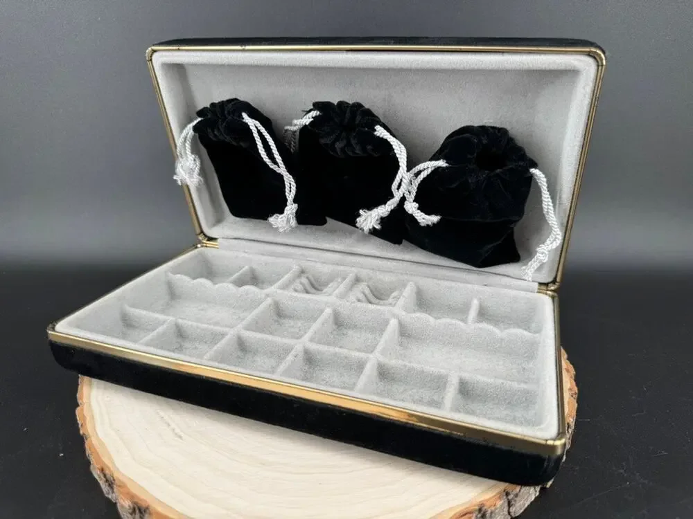 Vintage Black Velvet Jewelry Box w/ Pouches Gold Trim Travel Organizer